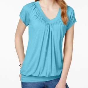 JM Collection 1X turquoise short sleeve banded top